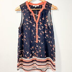 Daniel Rainn Navy Bird‎ Print Sheer Sleeveless Top Size Medium